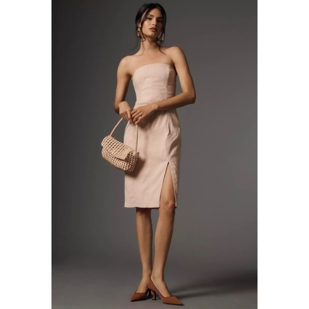 Anthropologie Midi Strapless Pink Cotton Weave Stretch Dress NWT Large Petite